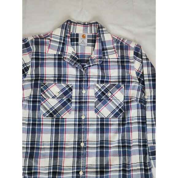 Carhartt Women's Blue/Pink Plaid Button Up 3/4 Sleeve Work Shirt Size XL (16/18) - Picture 4 of 11
